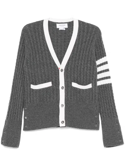 Thom Browne 4 Bar Stripe Cable Stitch Cardigan In Gray