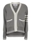 Thom Browne Cotton Knit 4 Stripe Cardigan W/ Pockets In Gray