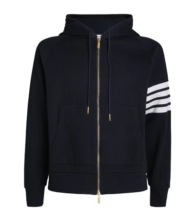 Thom Browne Striped Waffle-knit Cotton Zip-up Hoodie In Navy