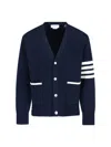 Thom Browne Blue Cardigan With V Neck And Maxi Logo On The Sleeve In Blue