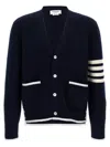 Thom Browne Blue Cardigan With V Neck And Maxi Logo On The Sleeve In Blue