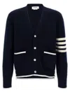 Thom Browne Blue Cardigan With V Neck And Maxi Logo On The Sleeve In Blue