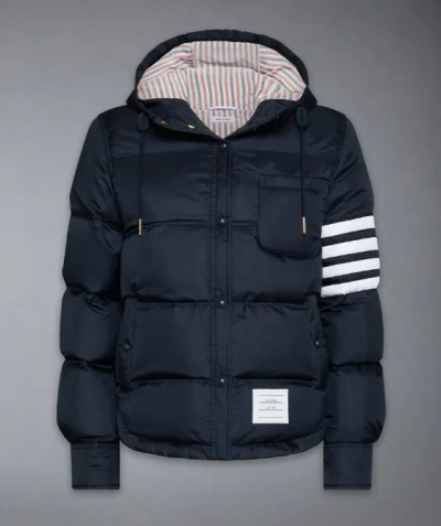 Thom Browne Down Hooded Shirtdress W/4 Bar In Shiny Ripstop In Blue