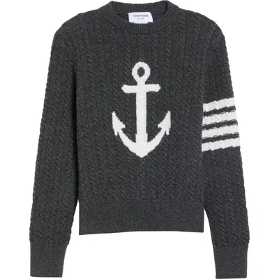 Thom Browne 4-bar Anchor Intarsia Cable Stitch Merino Wool Sweater In Gray