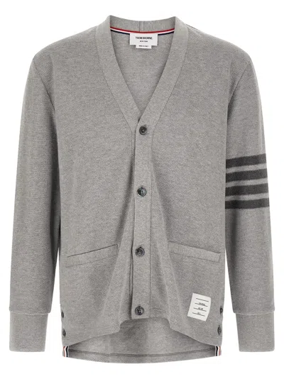 Thom Browne V Neck Cardigan Striped Sleeve Buttons Pockets In Gray