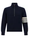 Thom Browne Jersey Stitch Funnel Neck Half Zip Pullover In Merino Wool With 4 Bar Stripe Clothing In Blue
