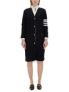 Thom Browne Knee-length Virgin Wool Cardigan With Striped Detail In Blue
