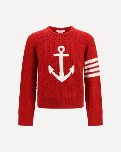 Thom Browne 4-bar Merino Wool Sweater With Anchor Motif In Red