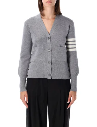 Thom Browne 4-bar Merino Wool V-neck Cardigan With Grosgrain Trim In Gray