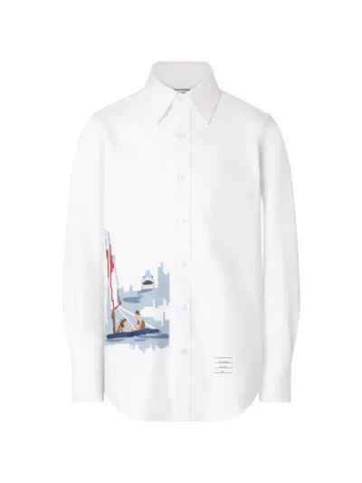 Thom Browne 4-bar Scenic-intarsia Oxford Shirt In White