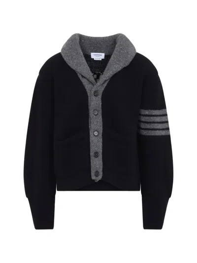 Thom Browne Jersey Shawl Collar Cardigan Striped Sleeves In Black