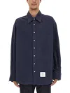Thom Browne Oversize Long Sleeve Shirt With Pocket And Stripe Detail In Blue