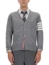 Thom Browne Medium Grey Wool Cardigan With Distinctive Stripe Detail In Grigio