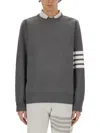 Thom Browne Dark Grey Merino Wool Sweater With Striped Detail In Grey
