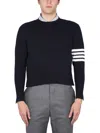 Thom Browne Ribbed Hem Crewneck Striped Sleeve Button Cuffs In Blue
