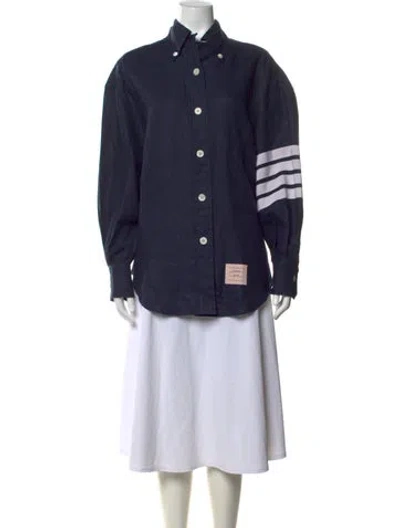 Pre-owned Thom Browne 4-bar Striped Linen Button-up Top In Blue