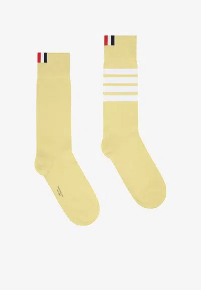 Thom Browne 4-bar Stripes Ribbed Mid-calf Socks In Yellow