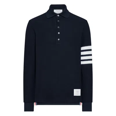 Thom Browne 4-bar Textured-pique Long-sleeved Polo Shirt In Blue