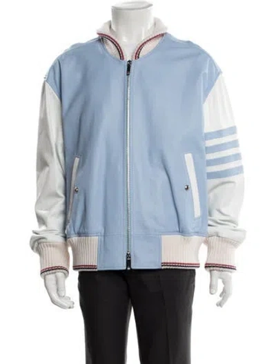 Pre-owned Thom Browne 4-bar Varsity Lamb Leather Bomber Jacket In Blue