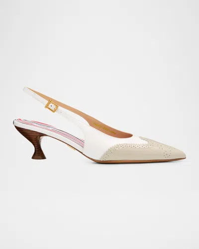 Thom Browne 50mm Brogue Leather Slingback Pumps In Khaki White