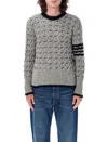 Thom Browne 4-bar Stripes Cable Knit Cardigan In Lt Grey