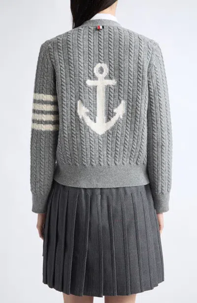 Thom Browne Anchor Intarsia Cable Knit Cardigan In Gray