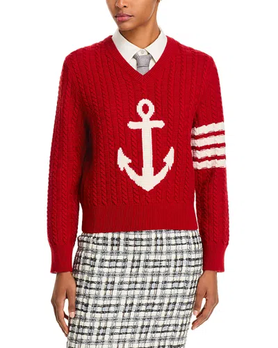 Thom Browne Anchor Intarsia Cable Knit V Neck Sweater In Red