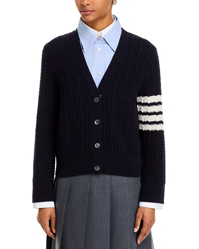 Thom Browne Anchor Intarsia Cable Stitch V Neck Cardigan In Blue