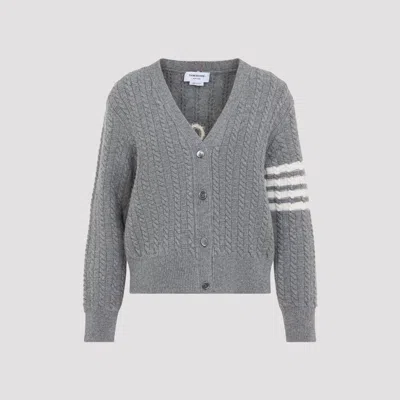 Thom Browne Anchor Intarsia Cable Stitch V-neck Cardigan In Gray