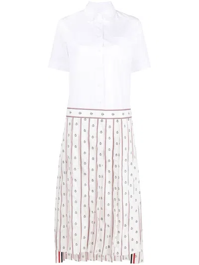 Thom Browne Anchor Pleated Shirtdress In White