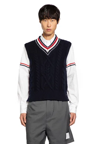 Thom Browne Aran Cable Stitch V-neck Vest In Blue