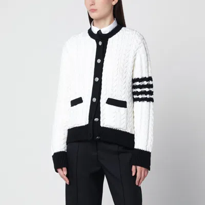 Thom Browne Aran Cable-knit Cardigan With Rwb Grosgrain Details In Metallic