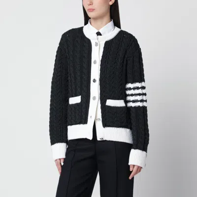 Thom Browne Aran Cable-knit Cardigan With Signature Bar Detail In Black