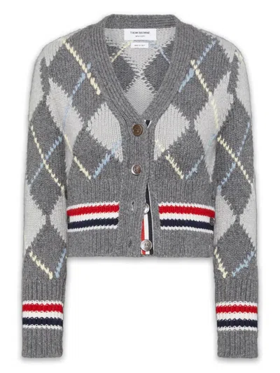 Thom Browne Argyle Intarsia Merino Wool Shrunken Cardigan Women In Gray
