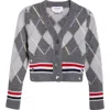 Thom Browne Argyle Intarsia Shrunken Virgin Wool Blend Cardigan In Gray