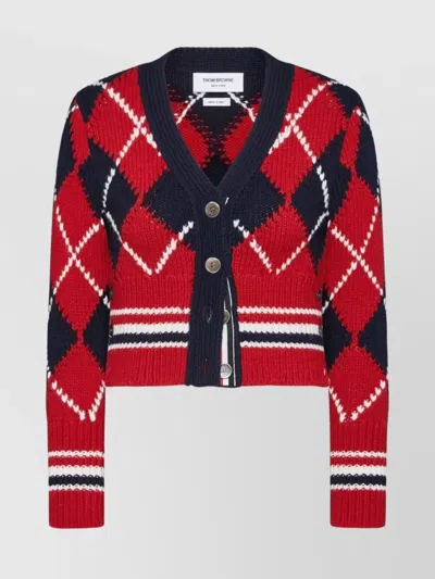 THOM BROWNE ARGYLE PATTERN V NECK CARDIGAN IN MERINO WOOL