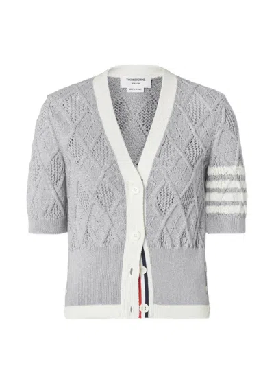 Thom Browne Argyle Pointelle 4-bar Cardigan In Gray
