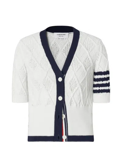 Thom Browne Argyle Pointelle 4-bar Cardigan In White