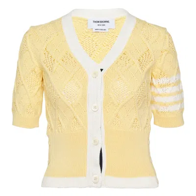 Thom Browne Argyle Pointelle Cable Cardigan In Yellow