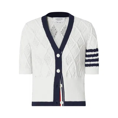 Pre-owned Thom Browne Argyle Pointelle Cable Classic Fit Short-sleeve V Neck Cardigan 'white' | Women's Size 4