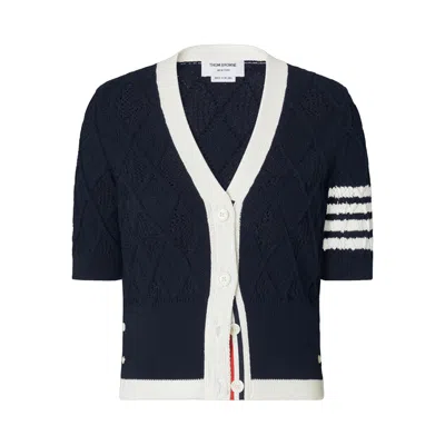 Pre-owned Thom Browne Argyle Pointelle Cable Classic Fit Short-sleeve V-neck Cardigan 'navy' | Blue | Women's