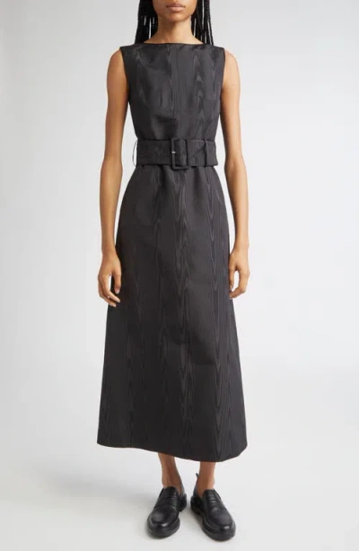 Thom Browne Bateau Neck Silk Moiré Belted Dress In Black
