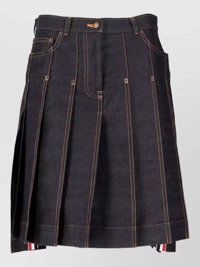 Thom Browne Bermuda Length Five Pocket Pleated Denim Skirt In Blue