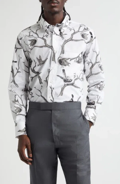 Thom Browne Bird Print Straight Fit Cotton Poplin Button-down Shirt In White
