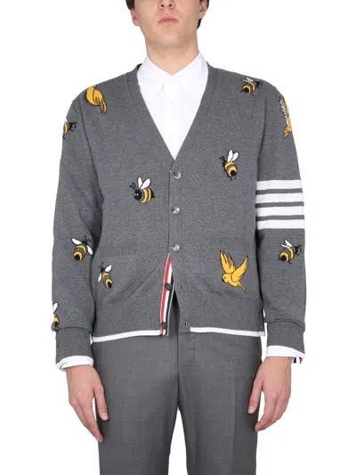 Thom Browne Birds And Bees Inlay Wool Cardigan In Gray