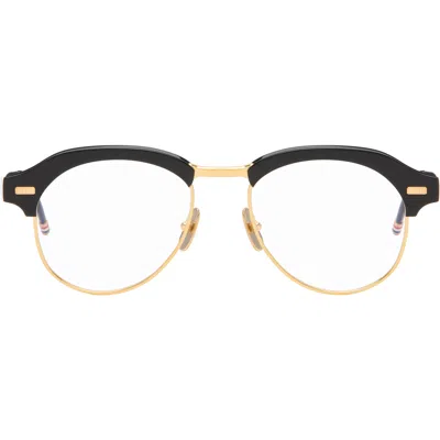 Thom Browne Black Acetate & Titanium Pilot Glasses In Metallic