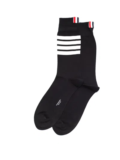 Thom Browne Black Cotton Socks With Four Stripes In Blue