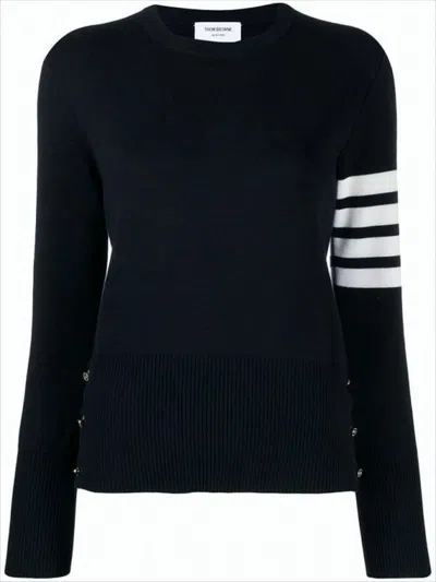 Thom Browne Black Cotton Sweater With Striped Detailing And Button Accents