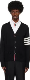 Thom Browne Black Fine Merino Wool V-neck 4-bar Cardigan In 001 Black