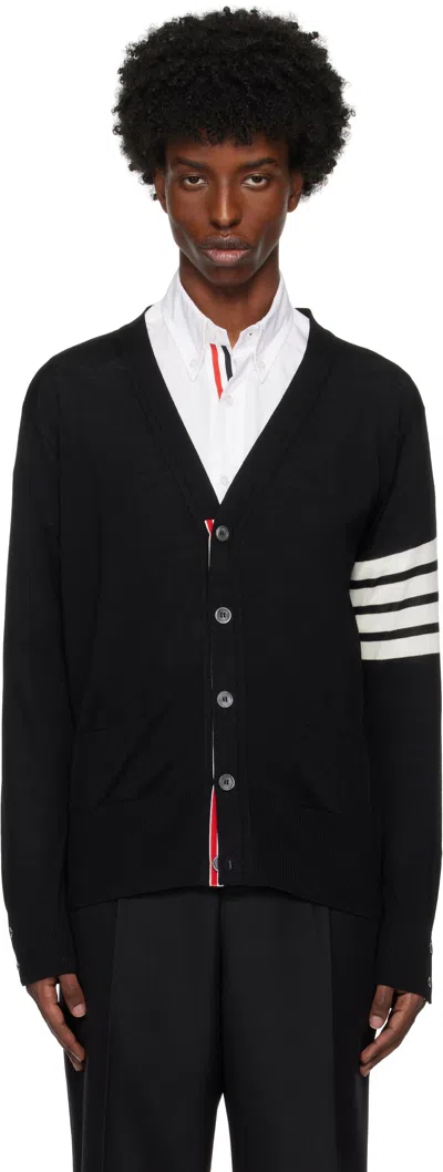 Thom Browne Black Fine Merino Wool V-neck 4-bar Cardigan In 001 Black
